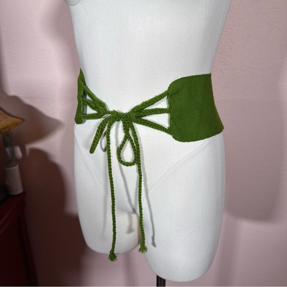 Vintage avocado Green Woven Fabric Crochet wide Belt adjustable 1970’s main image 13